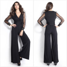 Sexy Womens Black Long Pants and Long Mesh Sleeves Jumpsuit